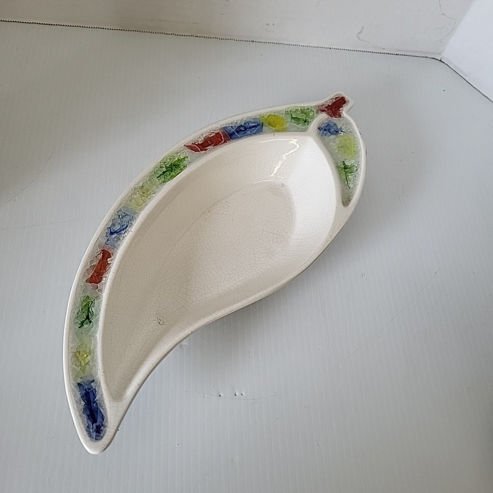 Vintage JACQUIN California Pottery Leaf Shaped Dish with Crackle Glass Edge